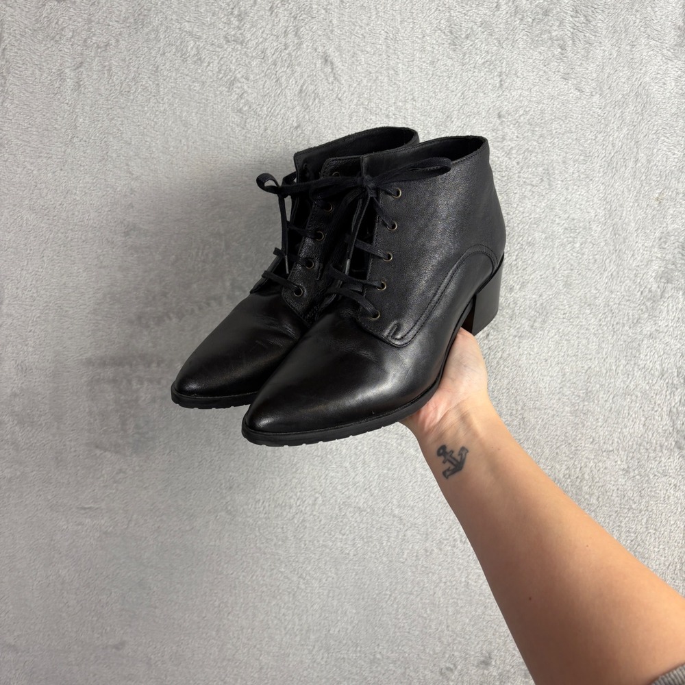 Vintage Leather Boots Lace Up Ankle 40 Black Pointed Toe Block Heel Witchy
